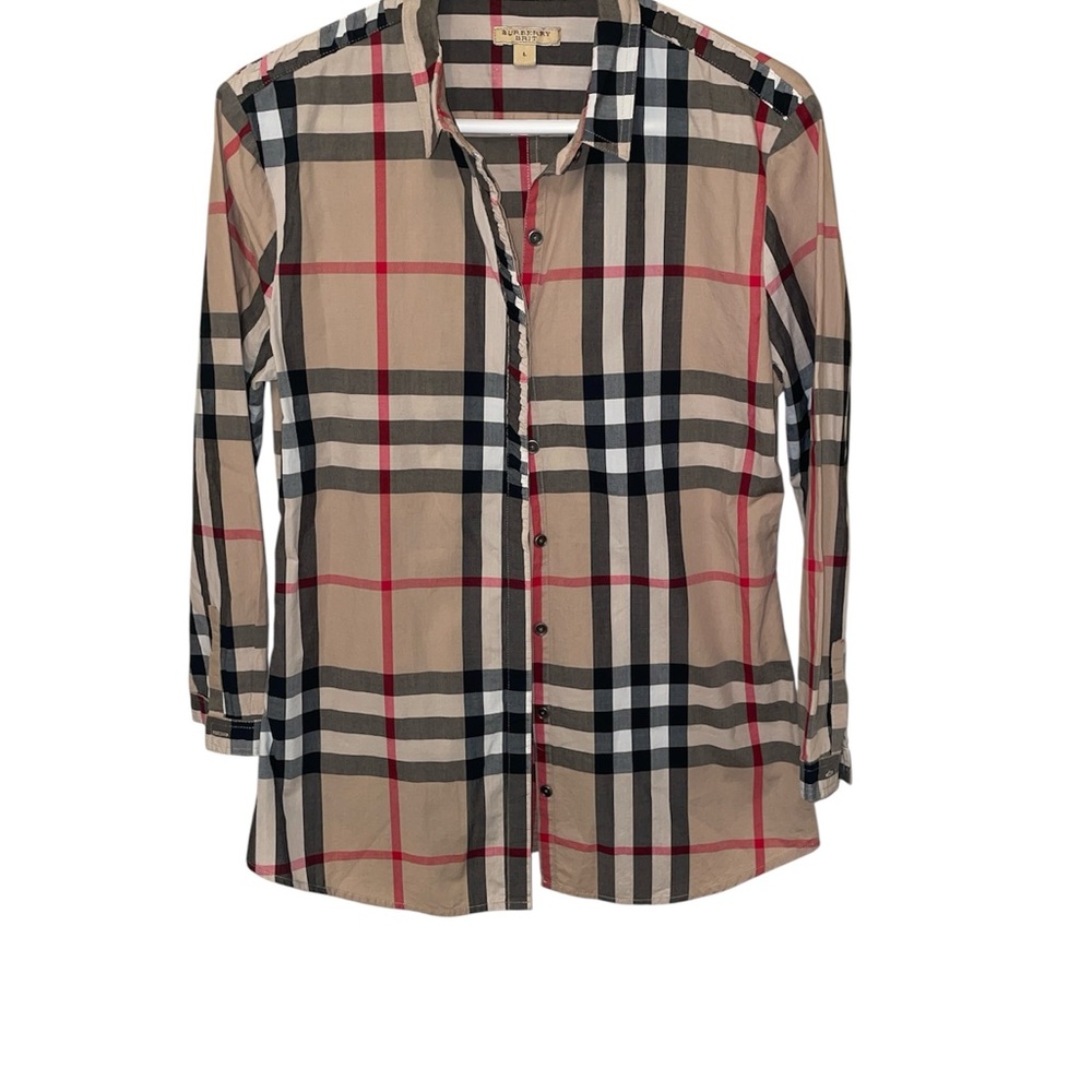 Burberry Beige Black White Red Plaid Button-Down Shirt